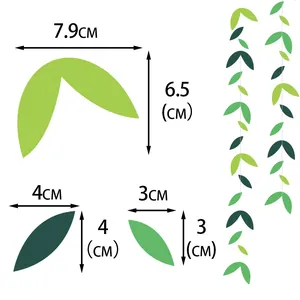 Size chart showing large, medium, and small golden leaf garland dimensions for party decor