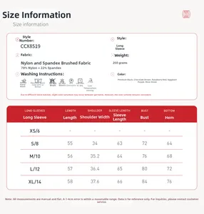 Detailed size chart for women's yoga long sleeve top with nylon and elastane fabric