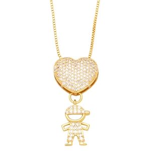 Golden box chain necklace featuring a pavé crystal heart and boy figurine pendant