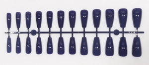 Macro view of 24pcs long ballerina press-on nails in glossy deep purple on a black rack