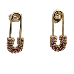 Golden safety pin earrings with pave pink zircon stones on a white background