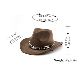 Detailed size measurement chart of the brown faux suede cowboy hat with beaded band