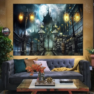 Gothic castle wall tapestry with full moon and vintage street lamps in a living room