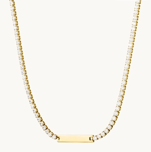 Gold tennis chain necklace with square bar pendant and sparkling cubic zirconia stones