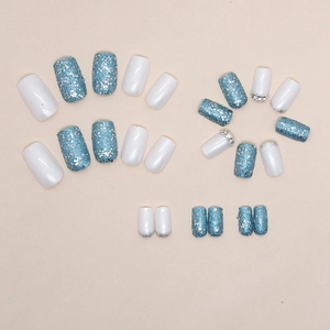 Square aurora white and sparkling blue glitter press-on nails with rhinestone accents