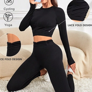 Ensemble de Yoga Sans Couture Femmes Top And Bottom Crop Top Manches Longues Leggings Froncés Taille Haute Fitness Nylon Élasthanne