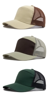 Dettagli di cappelli trucker in vari colori con rete traspirante e visiera curva