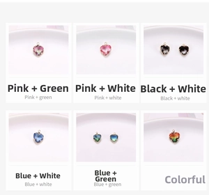 Detail view of heart-shaped gradient crystal pendants in six diverse color options