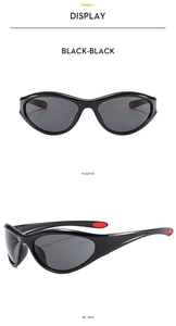Y2K sporty black sunglasses with wraparound frame and red temple details for cycling