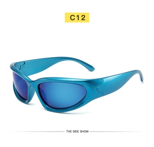Side view of Y2K futuristic cycling sunglasses with blue metallic frame and mirrored lenses