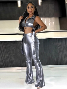 Dames Outfits Van Metallic PU Leer Met Mouwloos Vest Met Rits En Flare Broek Glanzend Sexy Uitgesneden Streetwear