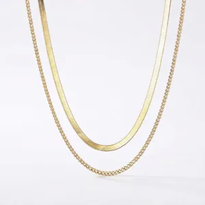 Minimalist double-layered gold titanium steel necklace featuring snake and cuban chain