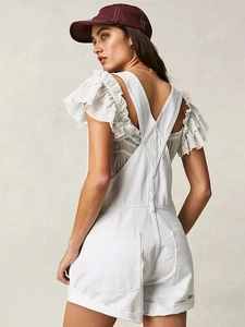 Women's loose white denim overalls with multi-pockets and X-shaped back straps design