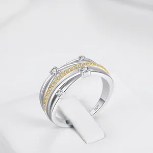 925 Sterling Silver Winding Line Ring Two Tone Cubic Zirconia Multilayer Geometric Jewelry For Women