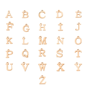 Rose gold stainless steel A-Z alphabet charms displayed in a neat grid for DIY jewelry