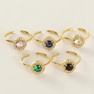 Women Adjustable Ring Round Zircon Halo Design 18K Gold Plated Stainless Steel Elegant Minimalist Jewelry