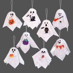 Detailed set of 8 white felt Halloween ghost hanging ornaments with pumpkin and cat motifs