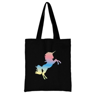 Schwarze Canvas-Tragetasche mit Regenbogen-Einhorn-Druck und langen Henkeln