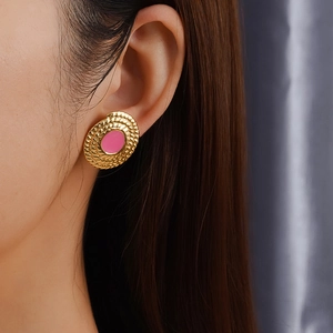 Boucles D'oreilles Puces Rondes Vintage Acier Inoxydable Plaqué Or 18K Émail Géométrique Texture Spirale Pour Femmes