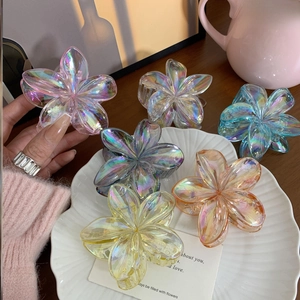 Colorful floral hair claw clips with iridescent pearl finish for women in a set of six