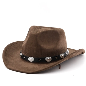 Classic brown suede cowboy hat with vintage silver studs and black leather band