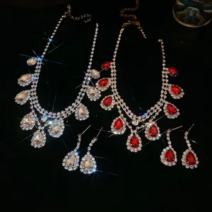 Water Drop Tassel Pendant Necklace Earring Jewelry For Women Copper Rhinestone Luxury Vintage Wedding Banquet Accessory