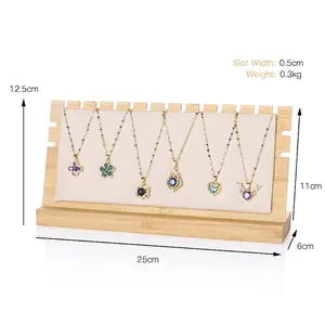 Bamboo and beige fabric necklace display stand with 10 slots for jewelry organizing