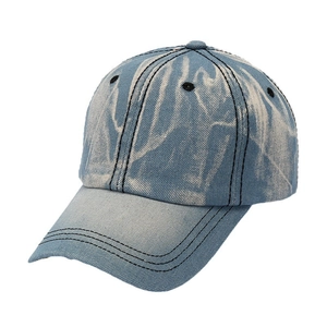 Vintage washed denim baseball cap with blue and white marble texture and black stitching