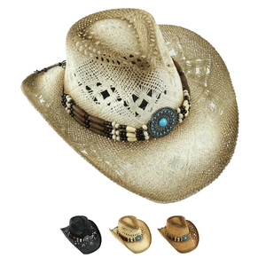 Western Cowboy Straw Hat Hollow Breathable Wide Brim Vintage Ethnic Sun Beach Hat With Turquoise Beaded Band