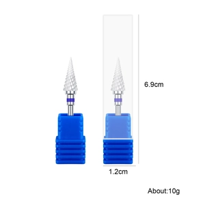 Ceramic nail drill bit with cone tip and purple band ring in a blue storage base