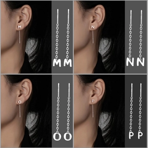 Detailed view of S925 sterling silver tassel thread earrings with letters M, N, O, P
