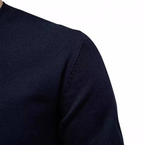Men's V-neck cotton knit sweater in navy blue with premium stitching and fine texture