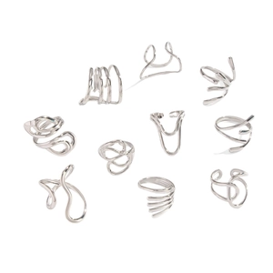 10-piece set of minimalist silver geometric rings and ear cuffs in a modern metal style