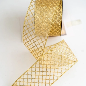 Sparkling gold mesh ribbon with glitter diamond pattern for Christmas tree DIY decor