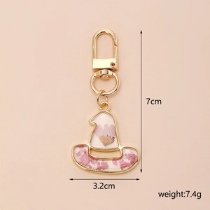 Wizard hat pendant with pink dried flowers in gold frame and size specifications