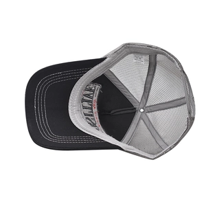 Detail view of the breathable mesh interior and washing label of a 3D embroidered trucker cap