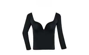 Flat lay of a black long-sleeve corset top with deep V-neck and slim fit design