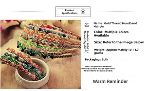 Detailed close-up of handmade gold wire braided hairbands with vibrant colorful crystals