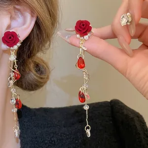 Rote Beflockte Rose Lange Quasten Ohrringe Mit Kunstperle Glaskristall Und 925 Sterling Silber Ohrstecker Vintage Elegant