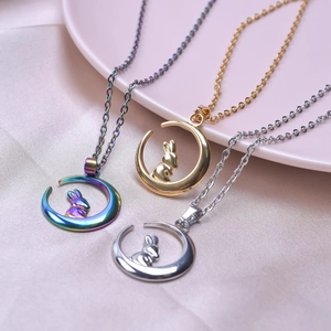 Three-color stainless steel moon rabbit necklaces in gold, silver, and rainbow plating