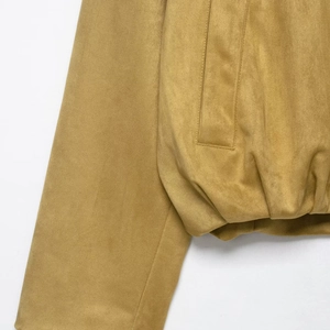 Women's faux suede bomber jacket in khaki with zippered collar and elastic hem details