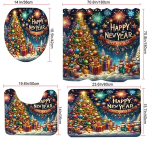 Detailed size specifications for a four-piece Christmas bathroom set with a festive curtain