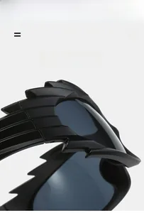 Detail of black avant-garde sunglasses frame showing serrated edges and elastic texture