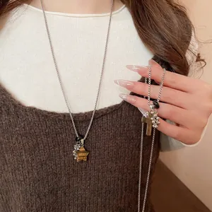 Retro Vintage Stainless Steel Long Sweater Chain Necklace With Tiger Eye Stone Cross Star Pendants Beaded Design