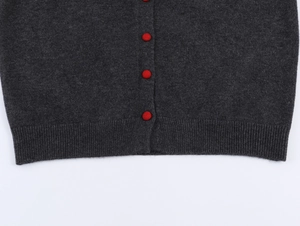 Detail of charcoal grey knit cardigan with vibrant red buttons and ribbed hem texture