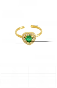 Close-up of 18K gold plated heart ring with green zircon and detailed product dimensions