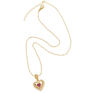 Gold-plated necklace featuring a red heart pendant surrounded by sparkling white zircons