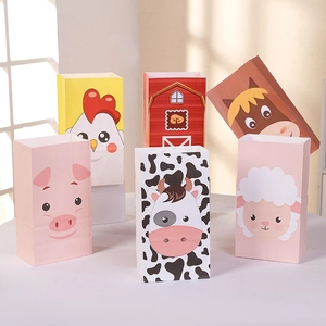 Cartoon Farm Animal Paper Gift Bags With Stickers Kraft Paper Barn Design For Kids Birthday Party Favors Goodie Bags