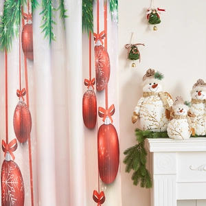 Christmas theme window curtain with red balls and pine needles for holiday home decoration