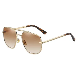 Men's double bridge square metal sunglasses with gold frame and brown gradient lenses